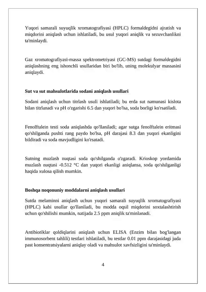 Sut va Sut Mahsulotlari Tarkibida Formalin, Soda yoki Boshqa Nolegal Moddalarni Aniqlash 4