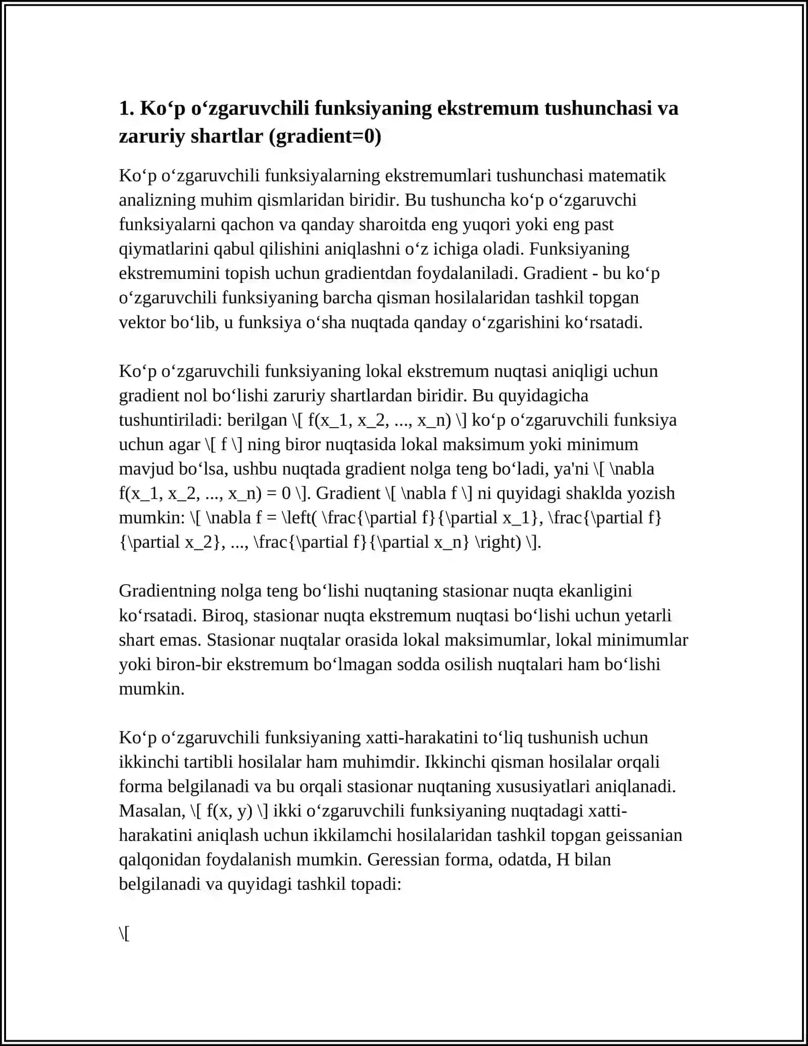 KO'P O'ZGARUVCHILI FUNKSIYALARNING EKSTREMUMLARI ULARNI IZLASHGA DOIR MISOLLAR YECHISH 4