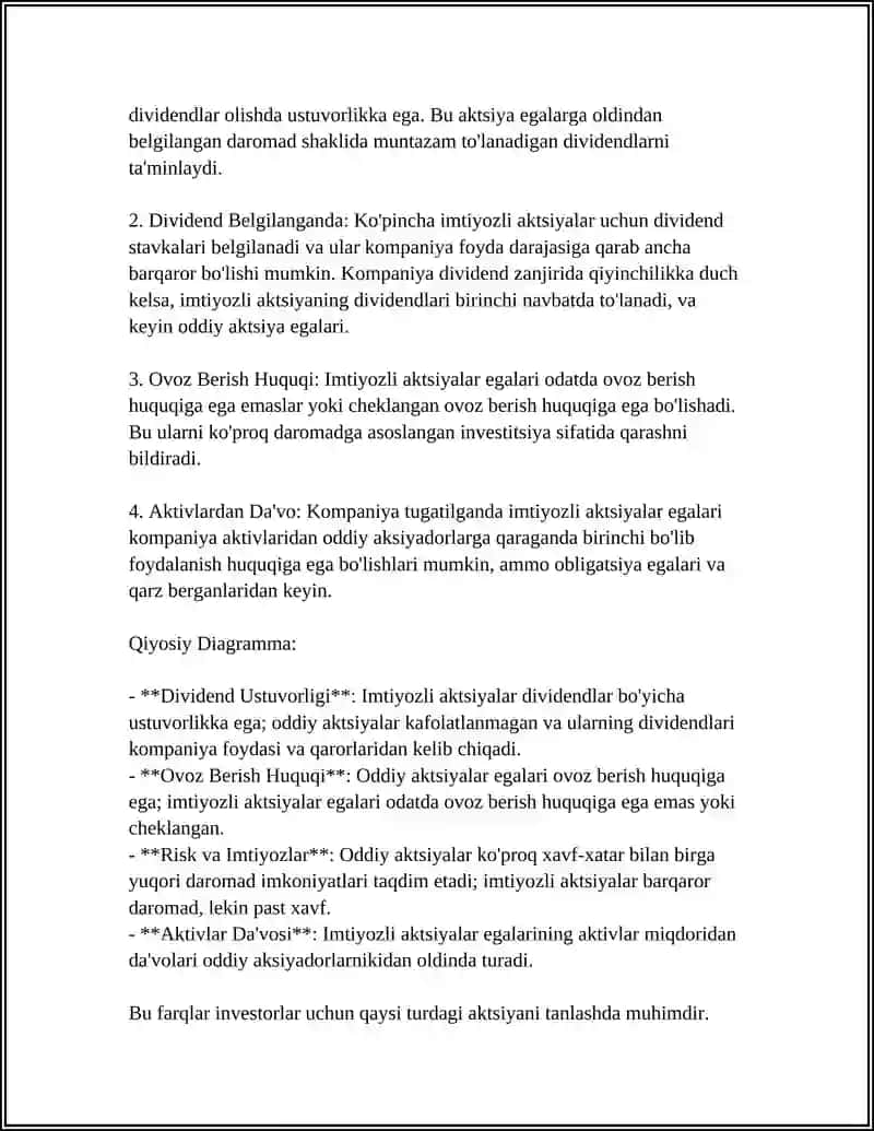MUSTAQIL ISH Mavzu: AKTSIYA TURLARI ODDIY VA IMTIYOZLIY AKTSIYALAR 4