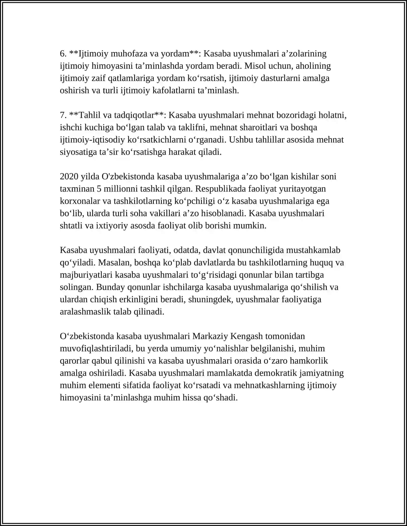 KASABA UYUSHMALARINING TADBIRKORLAR VA DAVLAT BILAN O’ZARO MUNOSABATLARI.KASABA UYUSHMALARINING ISH HAQI DARAJASINI OSHIRISH YO’LLARI 4