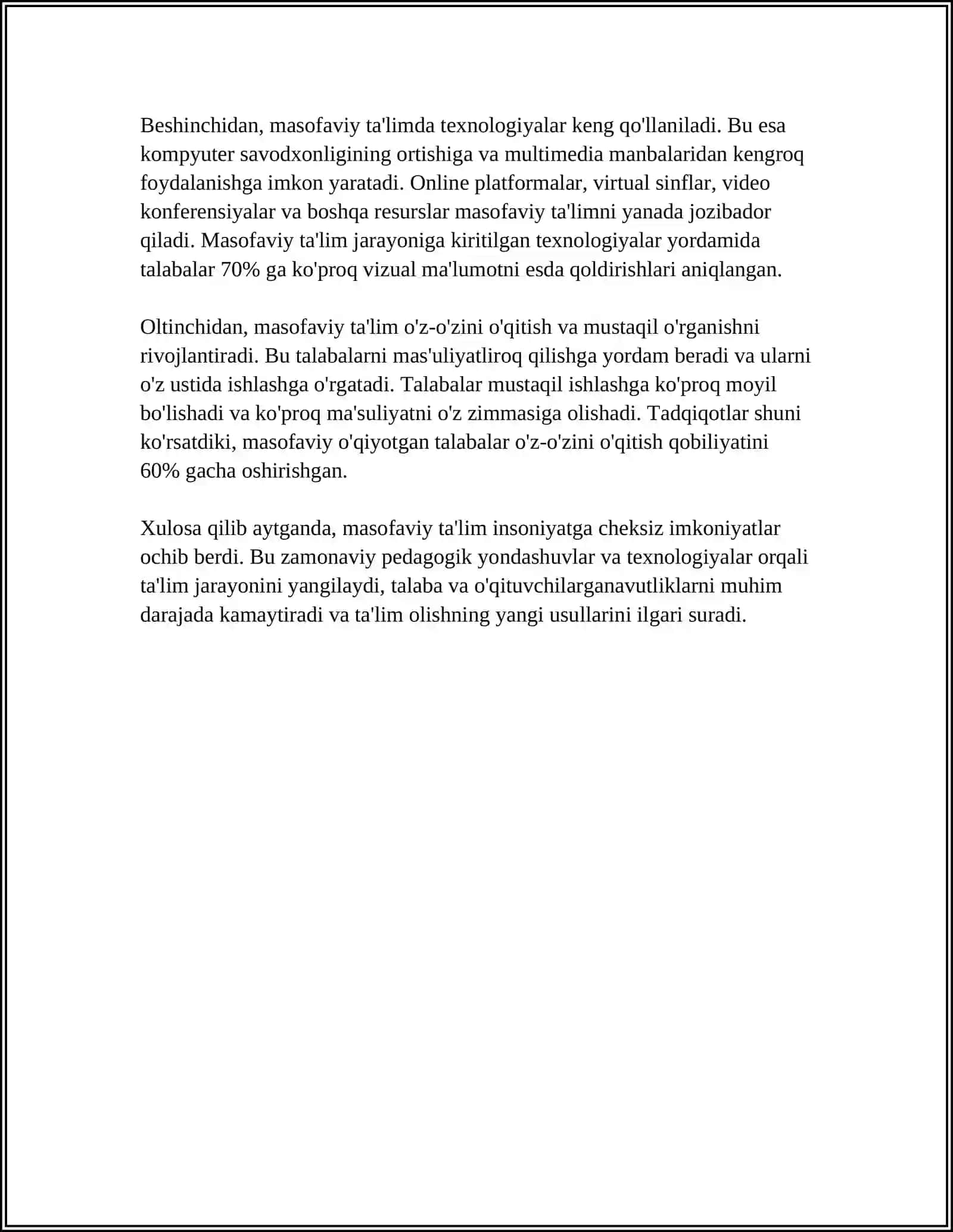 MUSTAQIL ISH Mavzu: MASOFALI TA'LIM TEXNOLOGIYALARIDAN FOYDALANISH 4