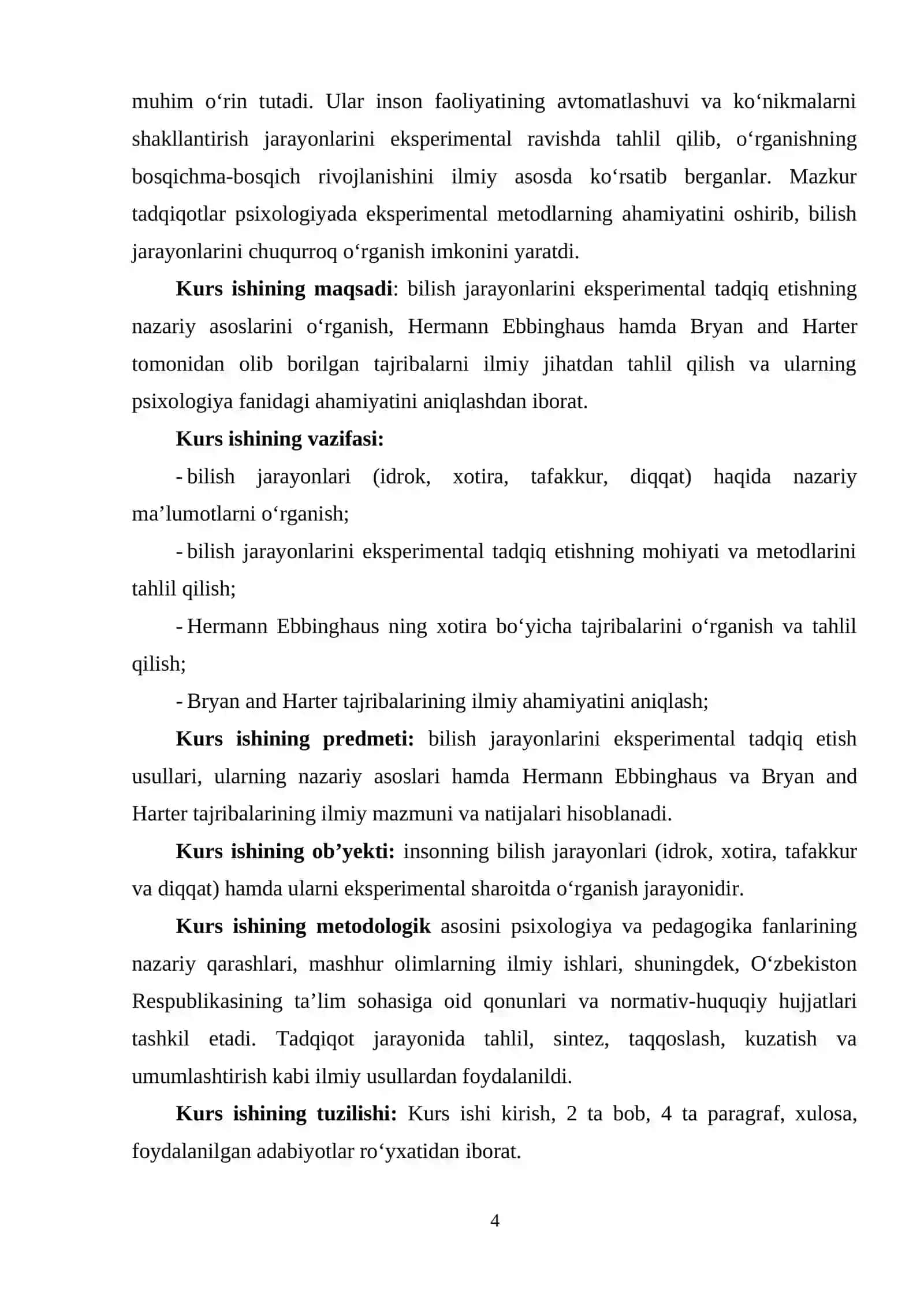 BILISH JARAYONLARINI EKSPERIMENTAL TADQIQ ETISH. EBBINGAUZ, BRAYYAN VA XARTER TAJRIBALARINING ILMIY TAHLILI 4