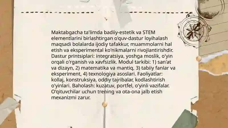 Maktabgacha taʼlimlar va badiy estetik tsrbiyaning imtegratsiyanda STEAM taʼlim texnologiyasidan foydalanish 4