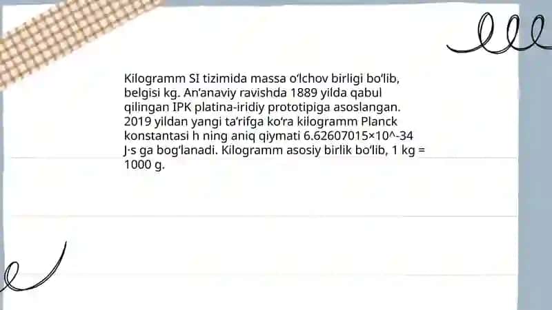 Jisimning massasi tushunchasi Massaning xossalari 4