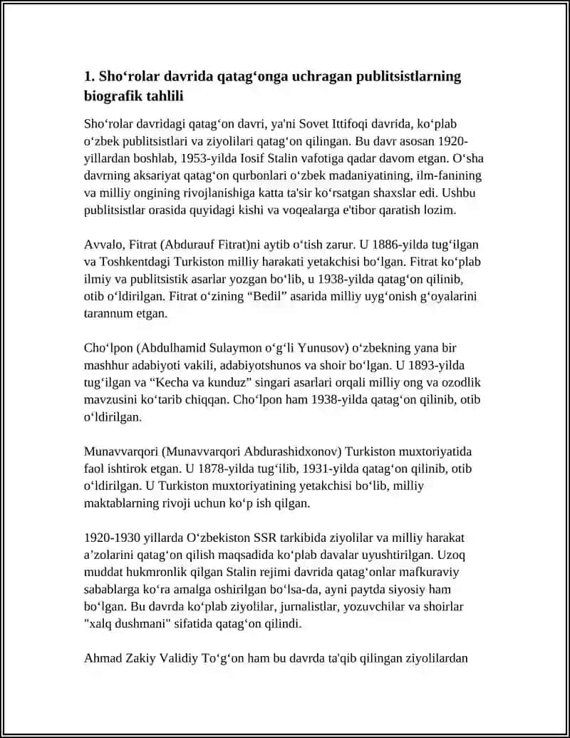 SHOʻROLAR DAVRI QATAGʻONGA UCHRAGAN PUBLITSISTLAR FAOLIYATINI OʻRGANISH 4