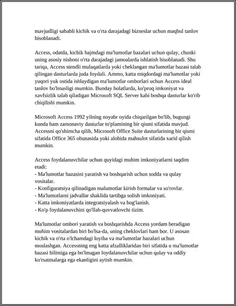 MA'LUMOTLAR OMBORINI BOSHQARISH TIZIMLARI. MICROSOFT ACCESNING DASTURIY TA'MINOTI VA UNING IMKONIYATLARI 4
