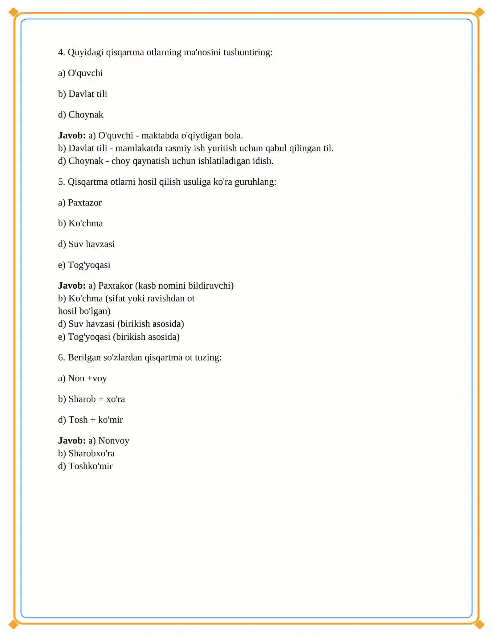 Lesson on 6 sinf ona tili fanidan Qisqartma otlar mavzusida 4