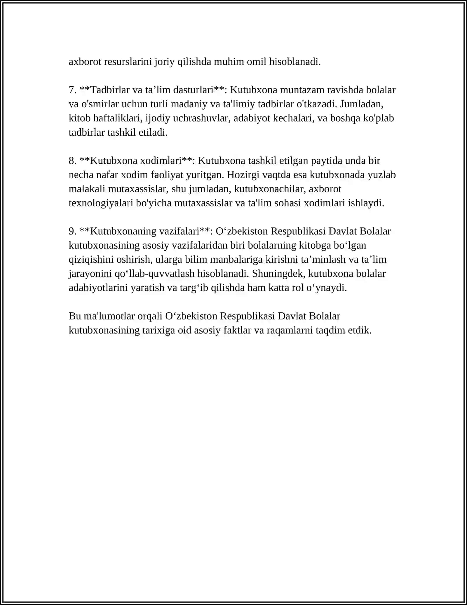 Oʻzbekiston Respublikasi Davlat Bolalar kutubxonasi faoliyati 4