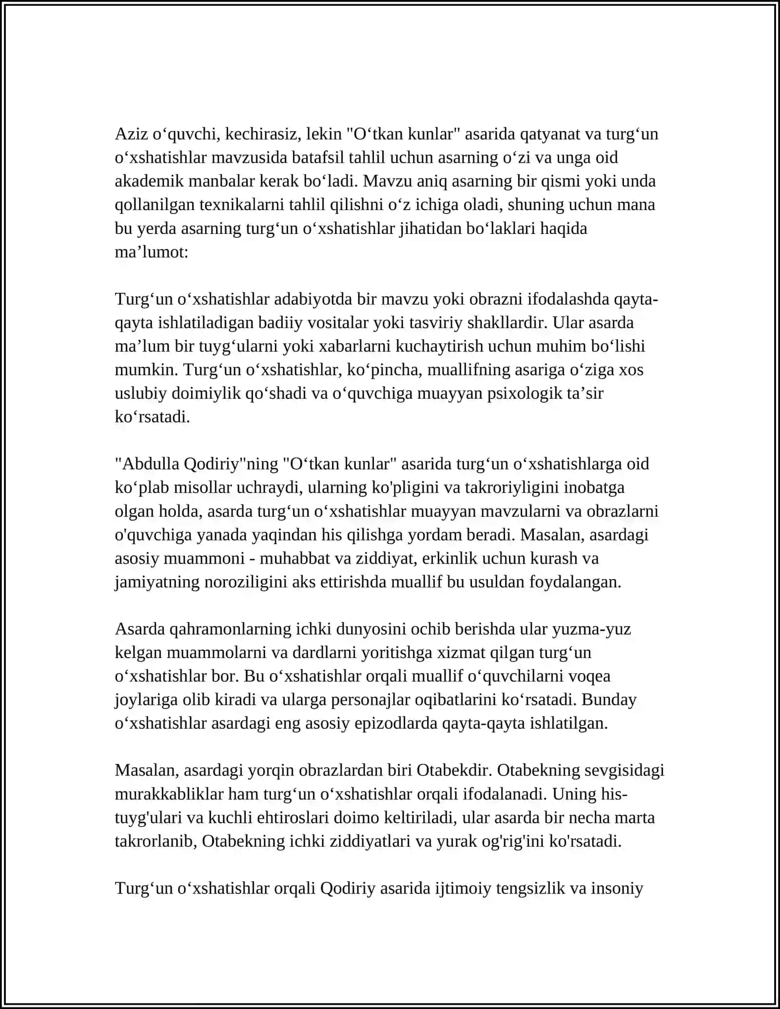 ABDULLA QODIRIY " OʻTKAN KUNLAR" ASARIDA ERKIN VA TURGʻUN OʻXSHATISHLAR 4