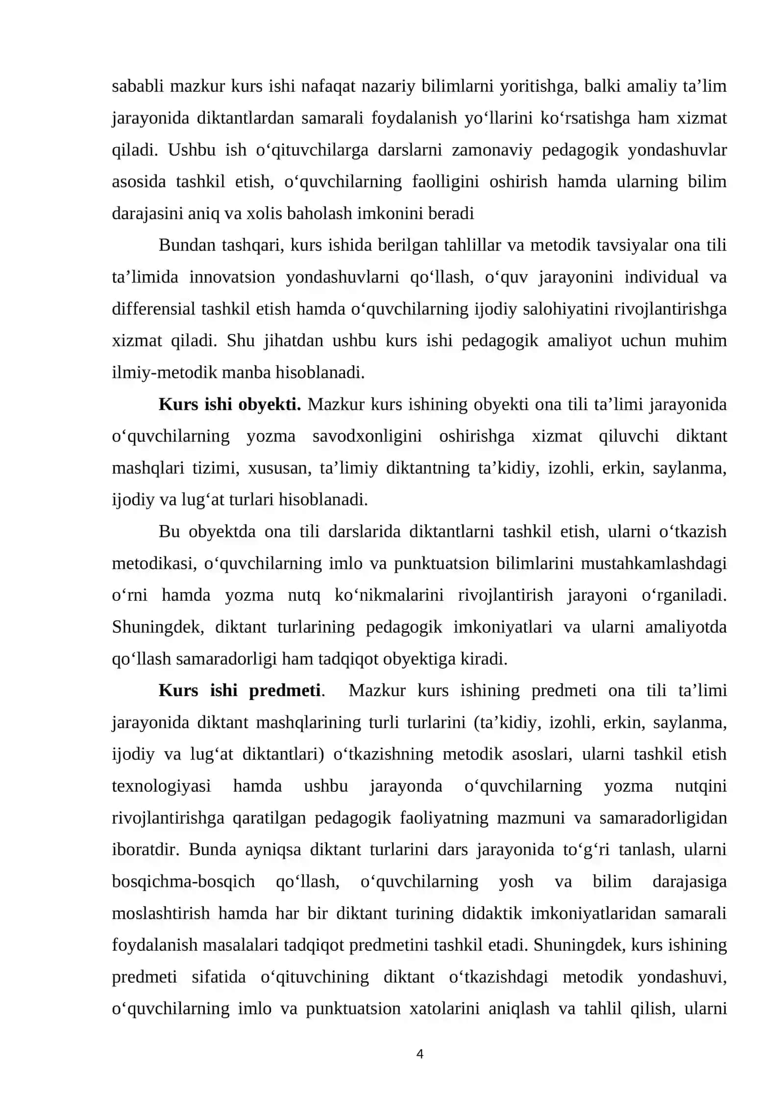 Ona tili ta’limida diktantning o‘rni. Ta’limiy: ta’kidiy, izohli, erkin, saylanma, ijodiy, lug‘at diktantlar 4