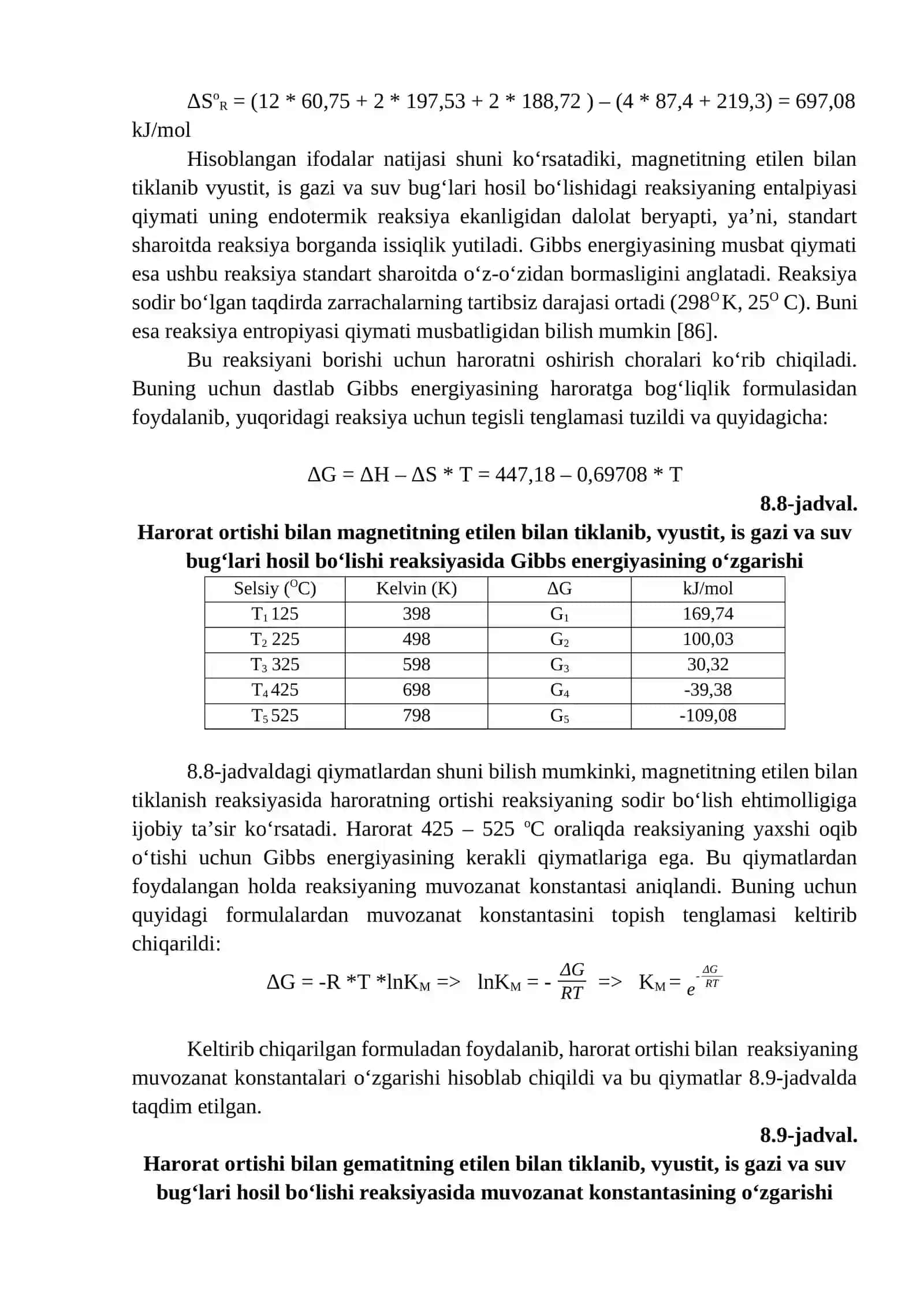 Temir oksidlarini etilen bilan tiklash jarayonining ba’zi termodinamik jihatlarini oʻrganish 4