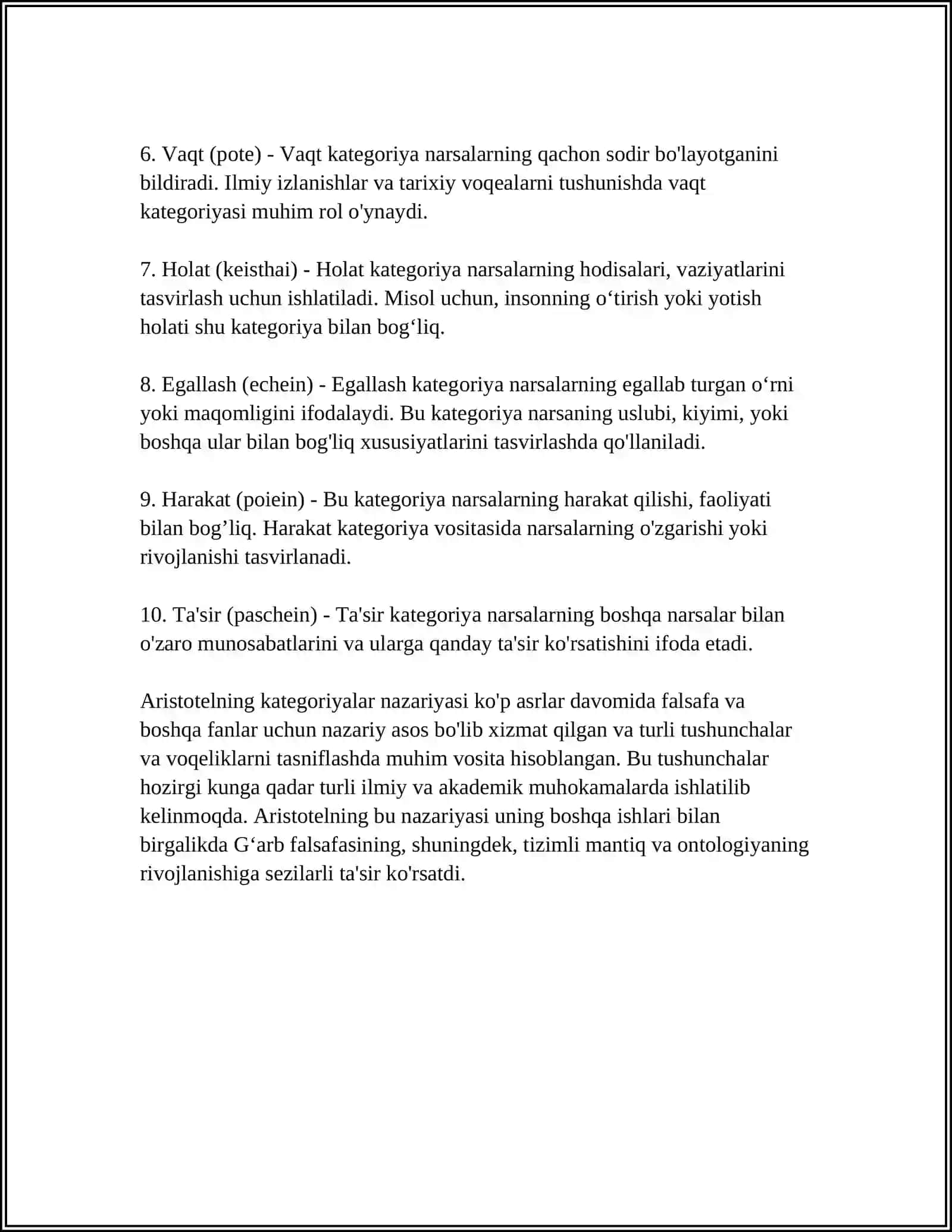 ARISTOTEL, FAROBIY VA KANT ONTOLOGIYASIDA KATEGORIYALARNING TASNIFI MAVZUSIDA ESSE TAYYORLASH 4