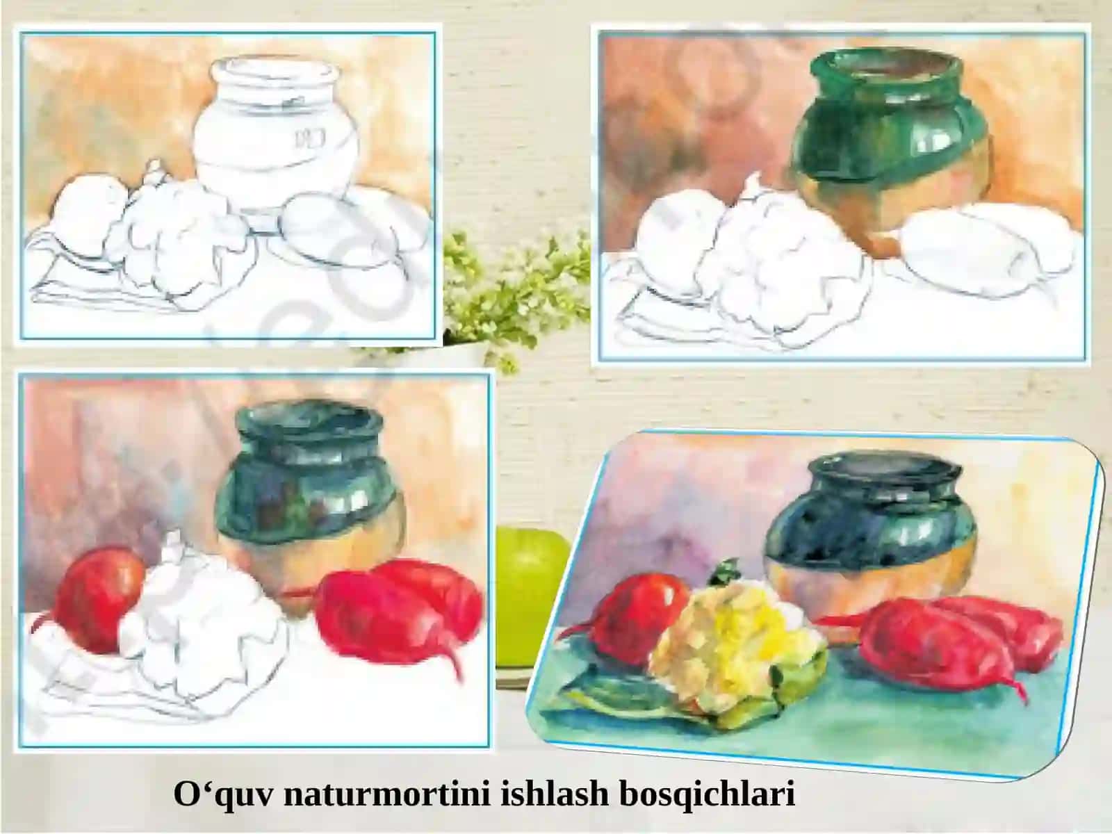 5-sinf Rang-tus jihatidan qarama-qarshi (Kontrast) buyumlardan tashkil topgan natyurmort ishlash 4