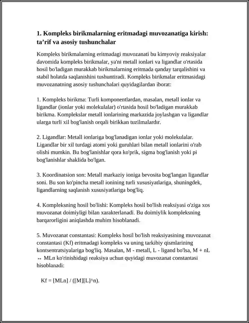 KOMPLEKS BIRIKMALARNING ERITMADAGI MUVOZANATII. BARQARORLIK VA BEQARORLIK KONSTANTALARI 4