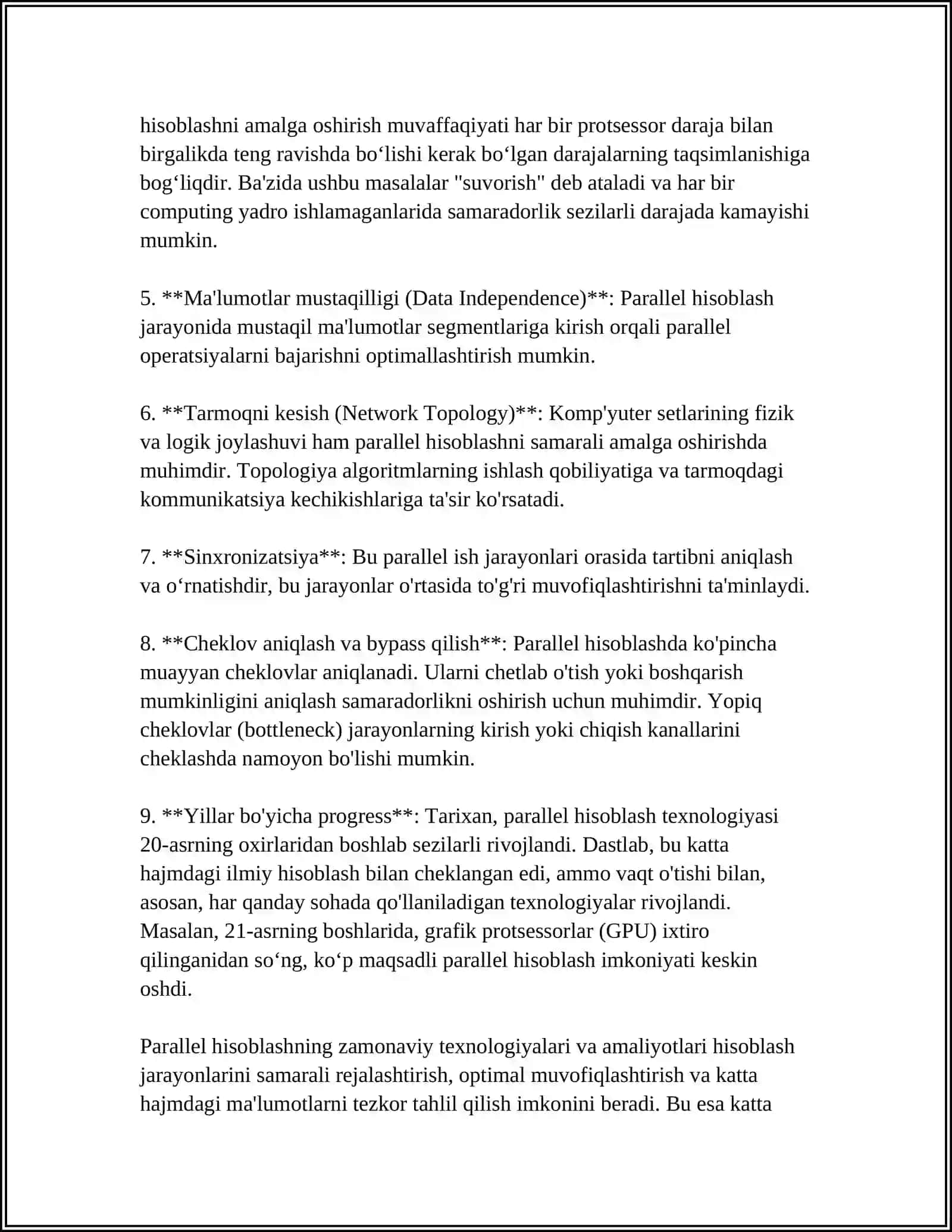MUSTAQIL ISH Mavzu: PARALLEL VA DISTRIBYUTER HISOBLASH: PARALLEL VA DISTRIBYUTIV HISOBLASH ORTASIDAGI FARQLAR VA ULARNING QOLLANILISHI 4
