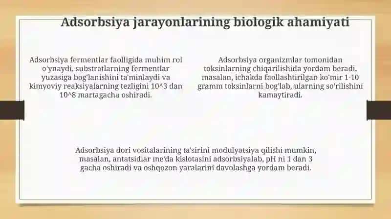 Organizmning hayot faoliyatida va davollash usullarida adsorbsiya jarayonining ahamiyati 4