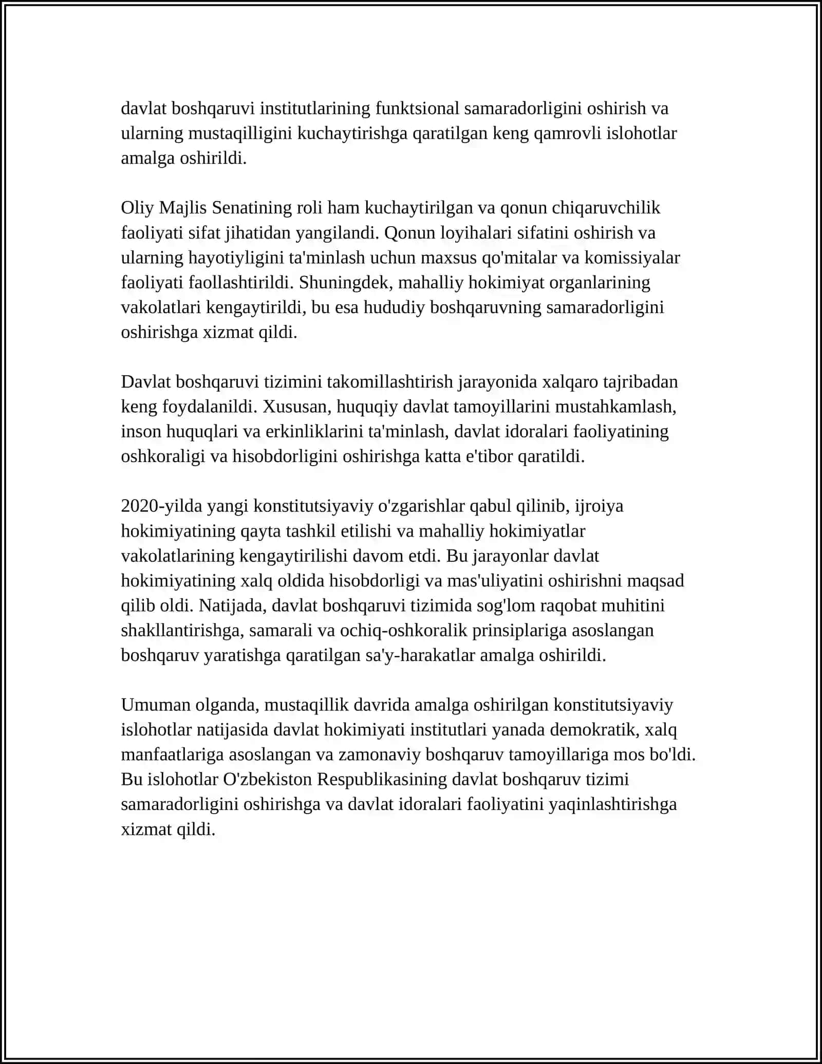 MUSTAQILLIK YILLARIDA DAVLAT BOSHQARUV TIZIMIDA AMALGA OSHIRILGAN ISLOHOTLARNING XUSUSIYATI 4