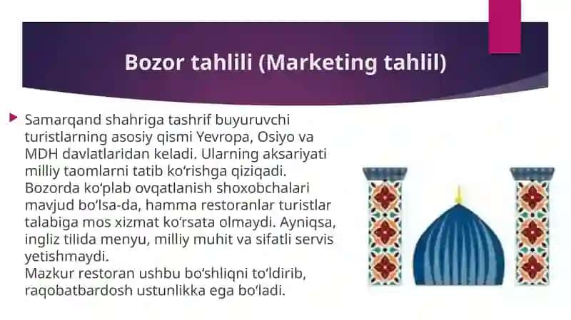 Samarqand shahrida turistlar uchun milliy restoran Biznes reja 4