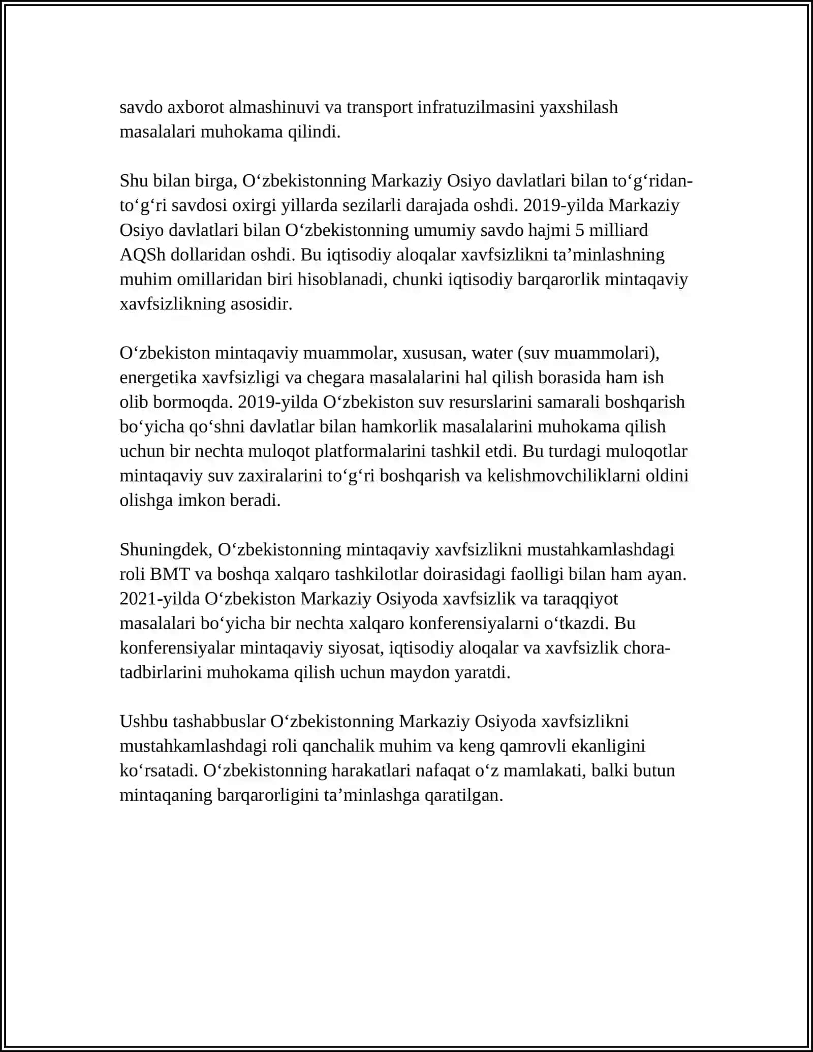 O‘ZBEKISTONNING MARKAZIY OSIYODA TINCHLIK VA BARQARORLIKNI TAMINLASHDAGI O’RNI 4