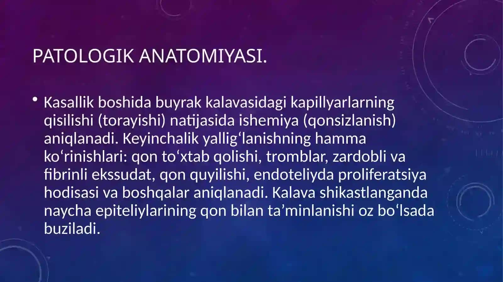Buyrak va siydik yo‘llari kasalliklaridagi bemorlarda asosiy kliniksindromlar. O‘tkir, Surunkali Glomerulonefrit, Piyelonefrit simptomotologiyasi. Buyrak kasalliklaridagi bemorlarni laboratoriya va funksional tekshirish usullari 4