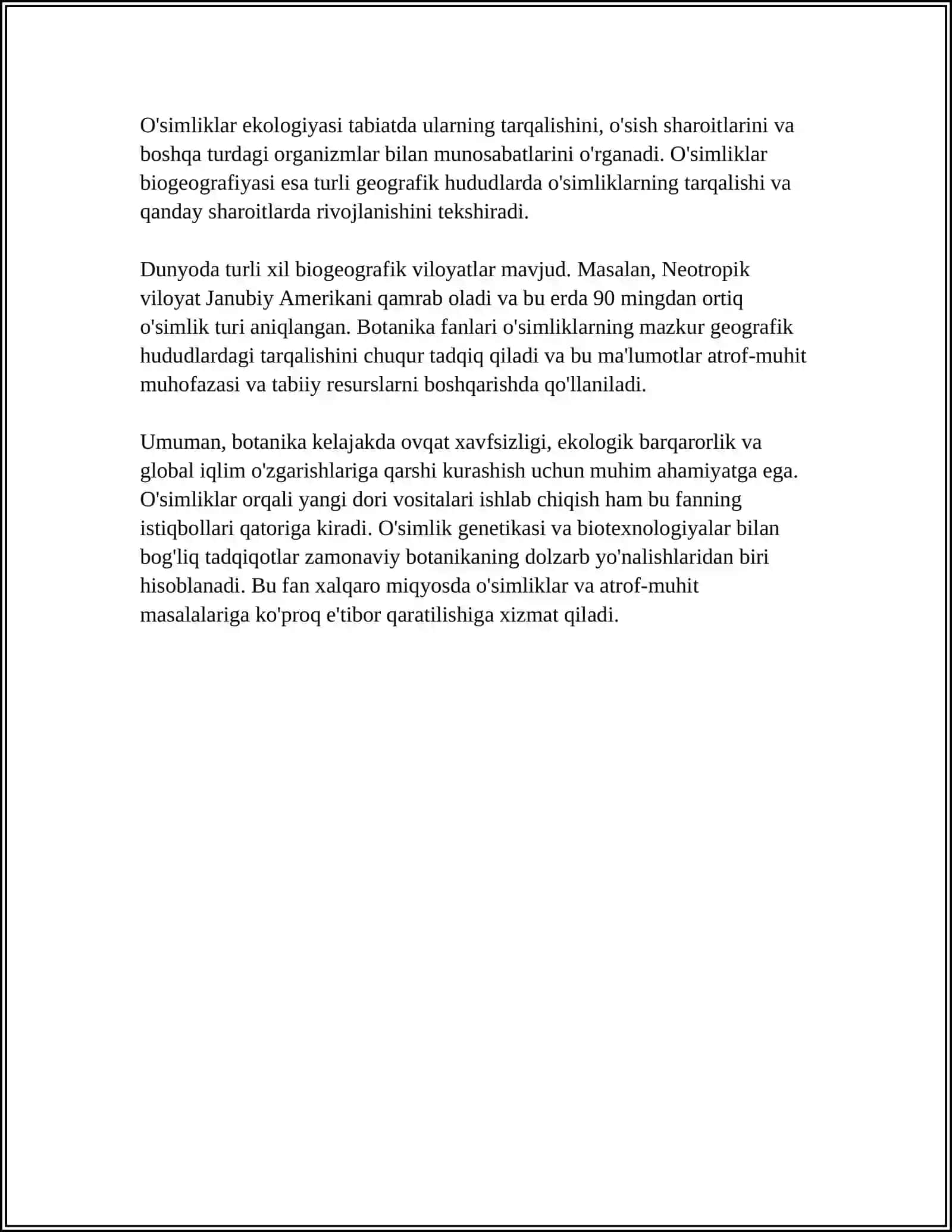 O'Simliklar dunyosi va ularning hayot tarzi haqidagi fanlarni bilib olish va tahlil qilish 4