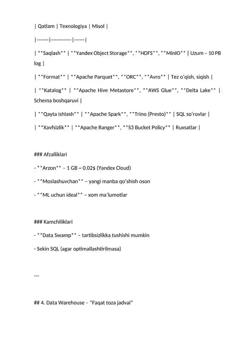 Big Data uchun ma’lumot yig‘ish va saqlash usullari (Data Lake vs Data Warehouse) 4