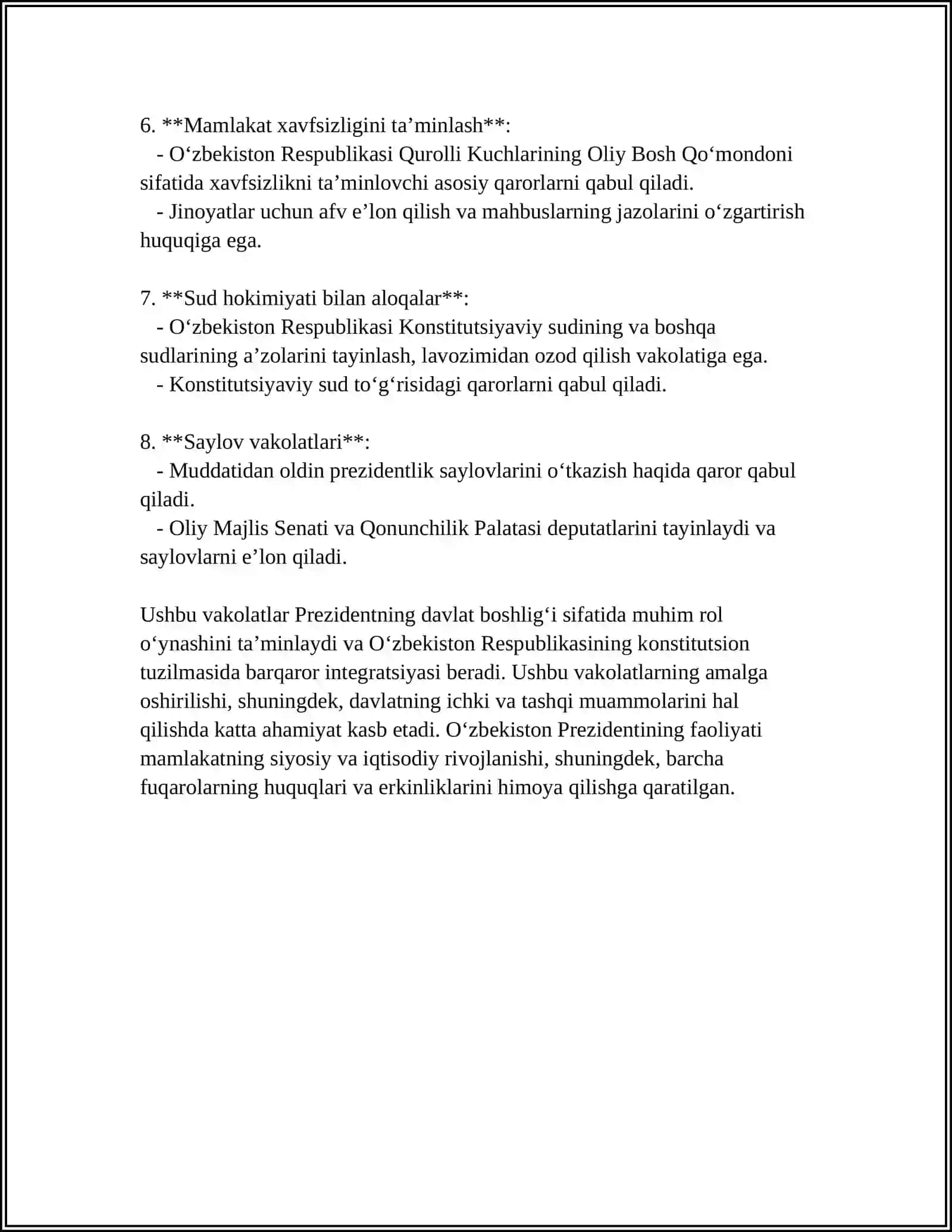 O‘ZBEKISTON RESPUBLIKASI PREZIDENTINING HUQUQIY HOLATI 4