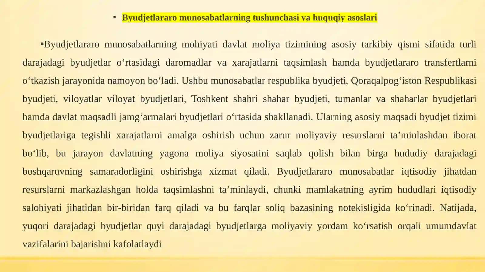 Byudjetlararo munosabatlar, ularning shakllari. Byudjet jarayoni va uning bosqichlari: byudjetni tuzish, ko‘rib chiqish va tasdiqlash tartibi 4