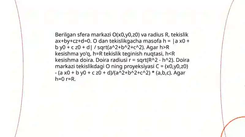 Sfera. Konussimon sirtlar. Aylanish sirtlar. Ikkinchi tartibli sirlarga doir mashqlar 4