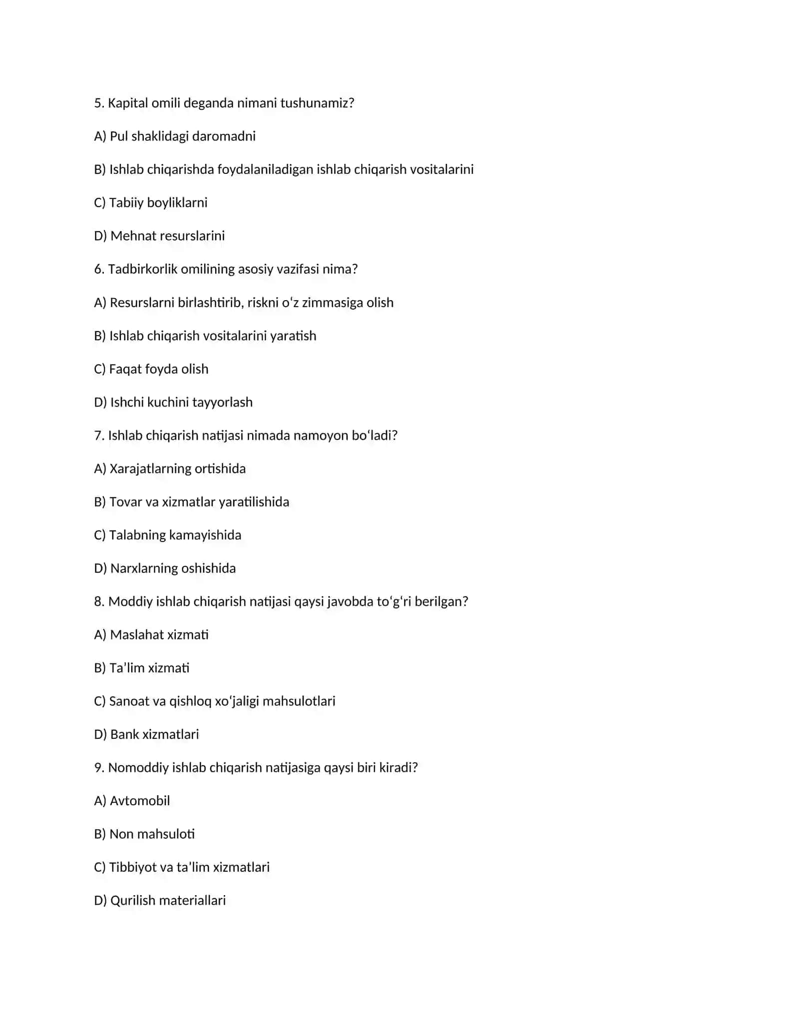 Iqtisodiyot nazariyasi fanidan testlar 4