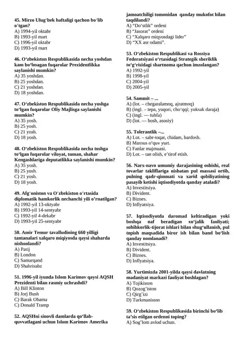 O‘ZBEKISTONNING ENG YANGI TARIXI FANIDAN YAKUNIY NAZORAT TEST SAVOLLARI (200 TA) 2025-2026 O‘QUV YILI 4