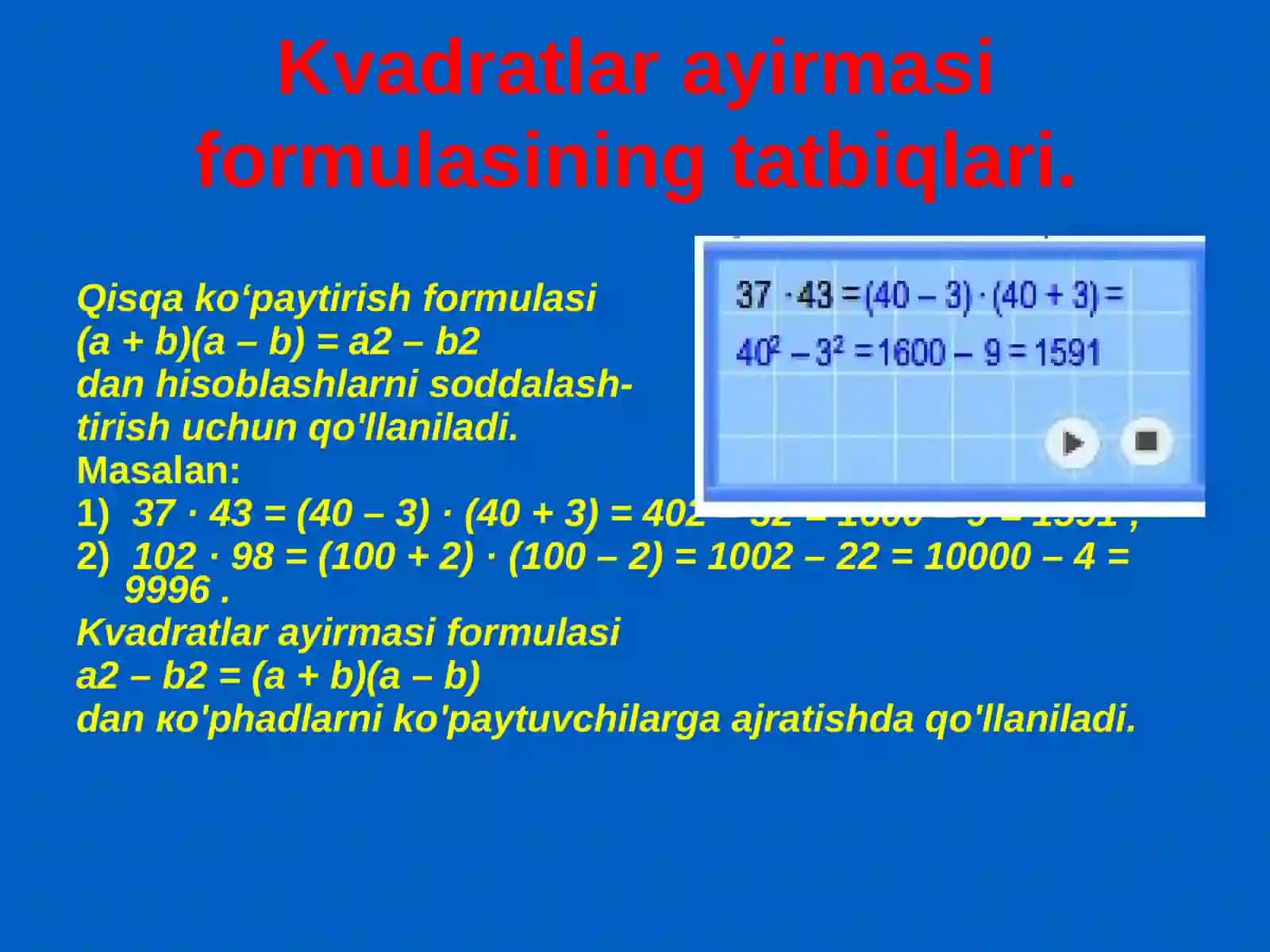 Kvadratlar ayirmasi formulasi 4