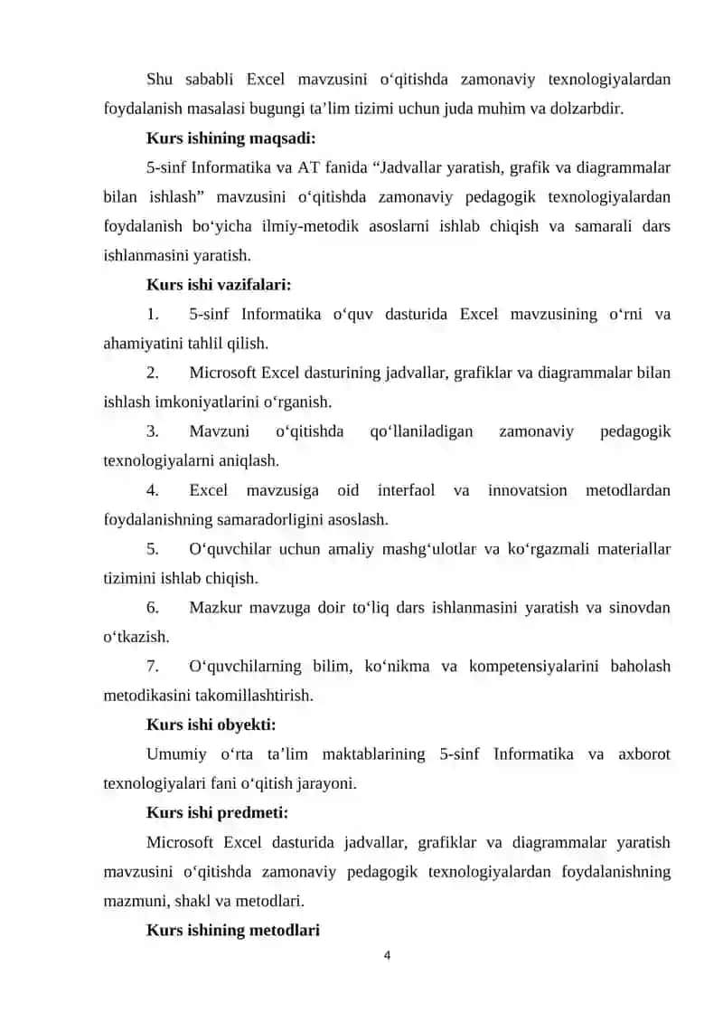 Umumiy o'rta talim maktablarining 5-sinfida Informatika va AT fanidan “Jadvallar yaratishda Microsoft Excel dasturidan foydalanish. Grafika. Diagramma va unga maʼlumotlar kiritish” mavzularni o‘qitishda zamonaviy texnologiyalardan foydalanish 4