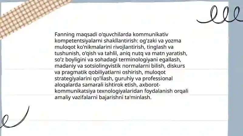 O'zbek tilini sohada qollanilishi.Fanni maqsadi va vazifalari 4