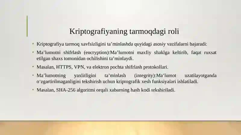 Tarmoqda uzatiluvchi axborotni himoyalashda kriptografiyaning o‘rni. 4