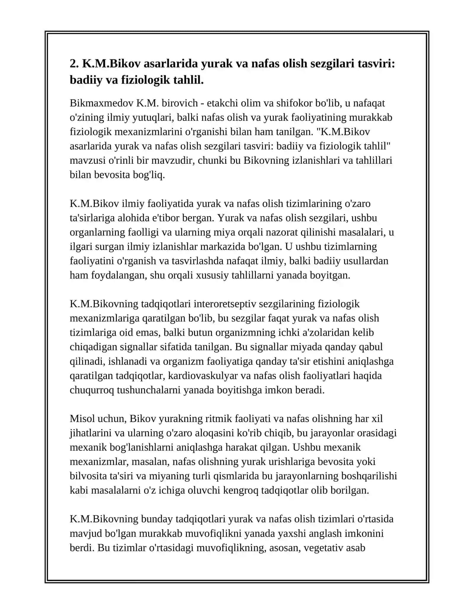 K.M.BIKOVNING HAYOTI VA IJODI HAMDA INTERORETSEPTIV SEZGILARNING FIZIOLOGIK MEXANIZMLARI BO'YICHA TADQIQOTLARI 4