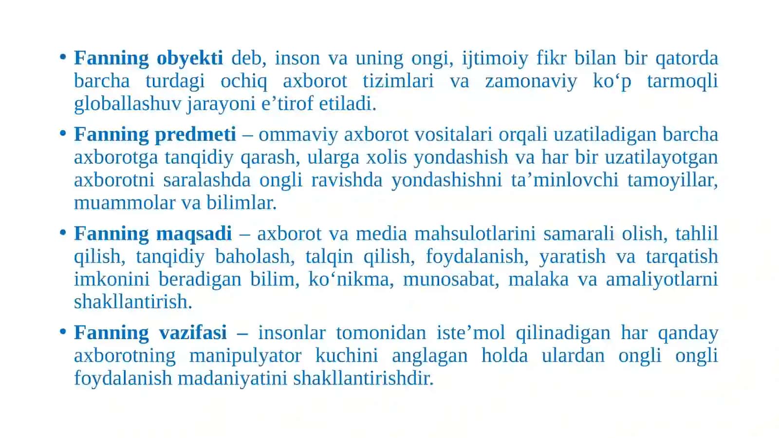 1-mavzu: Media  savodxonlik va axborot madaniyati evolyutsiyasi hamda jamiyatdagi ahamiyati 4