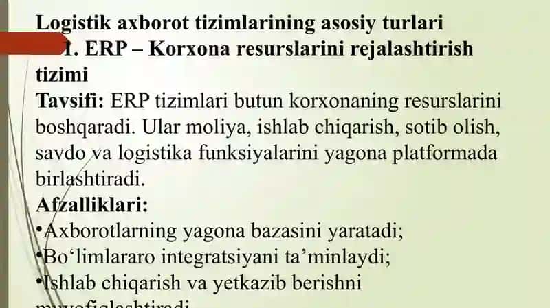 Mavzu: Logistik axborot tizimlarining turlari. Slayd 4