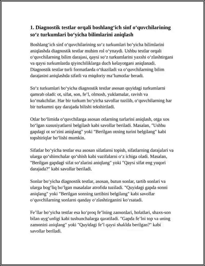 BOSHLANGʻICH SINF OʻQUVCHILARINING SOʻZ TURKUMLARI YUZASIDAN BILIM VA KOʻNIKMALARINI NAZORAT QILISH USULI 4