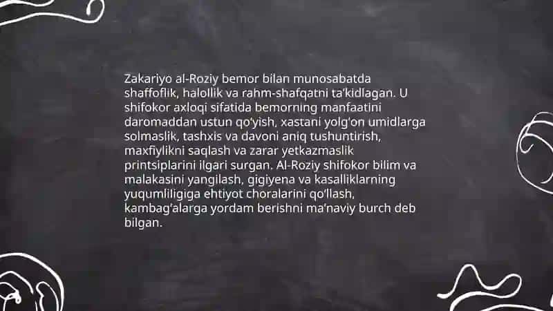 Tibbiy etika rivojida Al Ruxoviy Zakariyo al Roziy Abu Ali Ibn Sino Abu Amron Musabin Ma'mun va sharq mutaffakirlarini hissalarini tahlil qlish 4