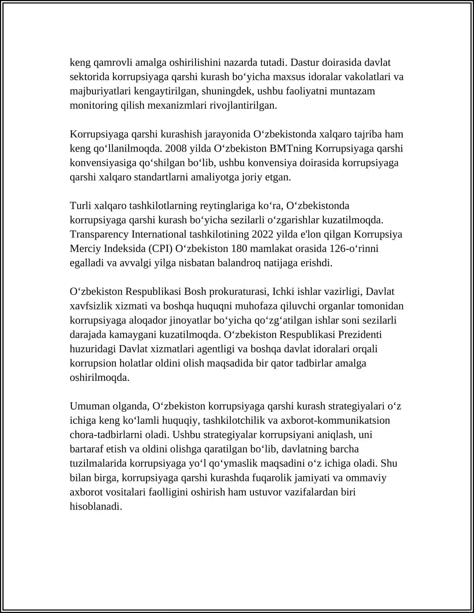 O‘zbekistonda Korrupsiyaga Qarshi Kurash Strategiyalari va Me’yoriy Asoslar Mavzusida Esse Yozish 4
