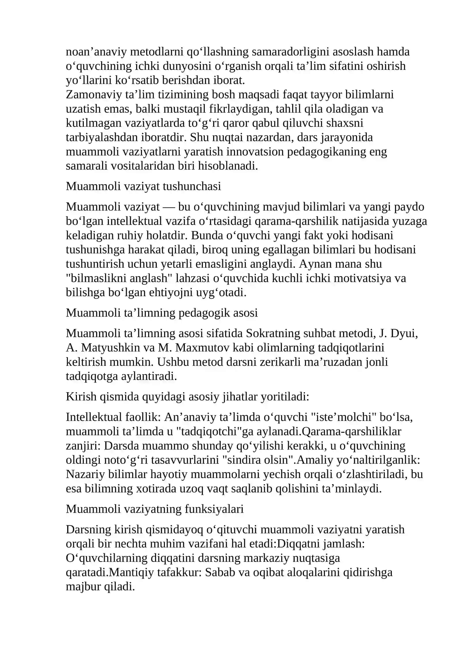 Muammoli ta’limning mohiyati va darsda muammoli vaziyatlarni yaratish usullari 4