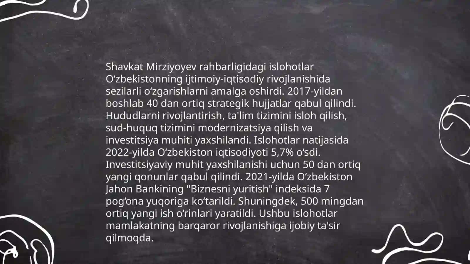 Yangi Oʻzbekistonda Prezident Sh.M.Miromonovich rahbarligi va tashabbusi ostida amalga oshirilayotgan islohotlar. Yangi Oʻzbekistonda xalqchil va insonparvar davlat qurishning ijtimoiy siyosiy ahamiyati 4