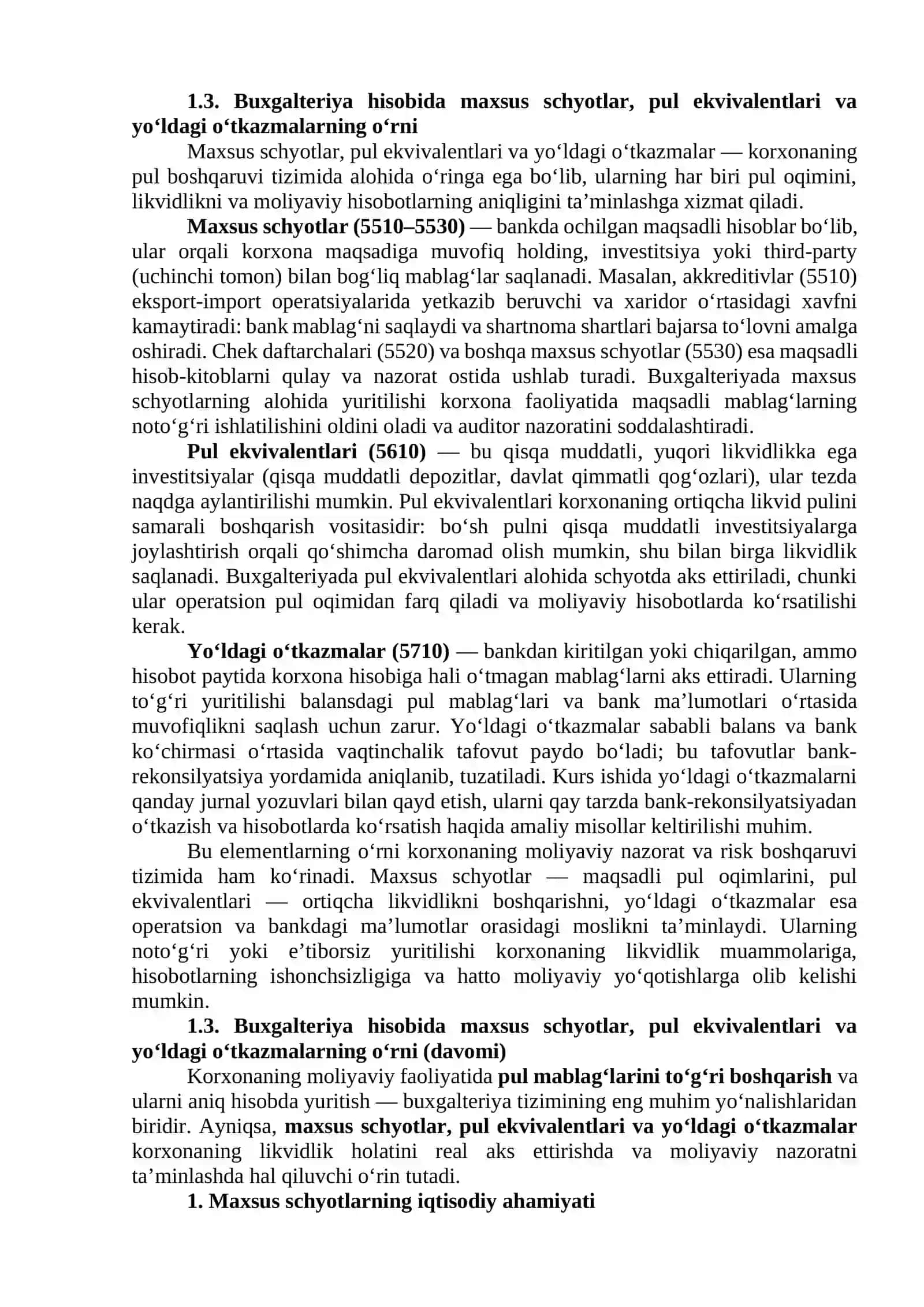 MAXSUS SCHYOTLAR, PUL EKVIVALENTLARI VA YO‘LDAGI O‘TKAZMALAR HISOBI 4