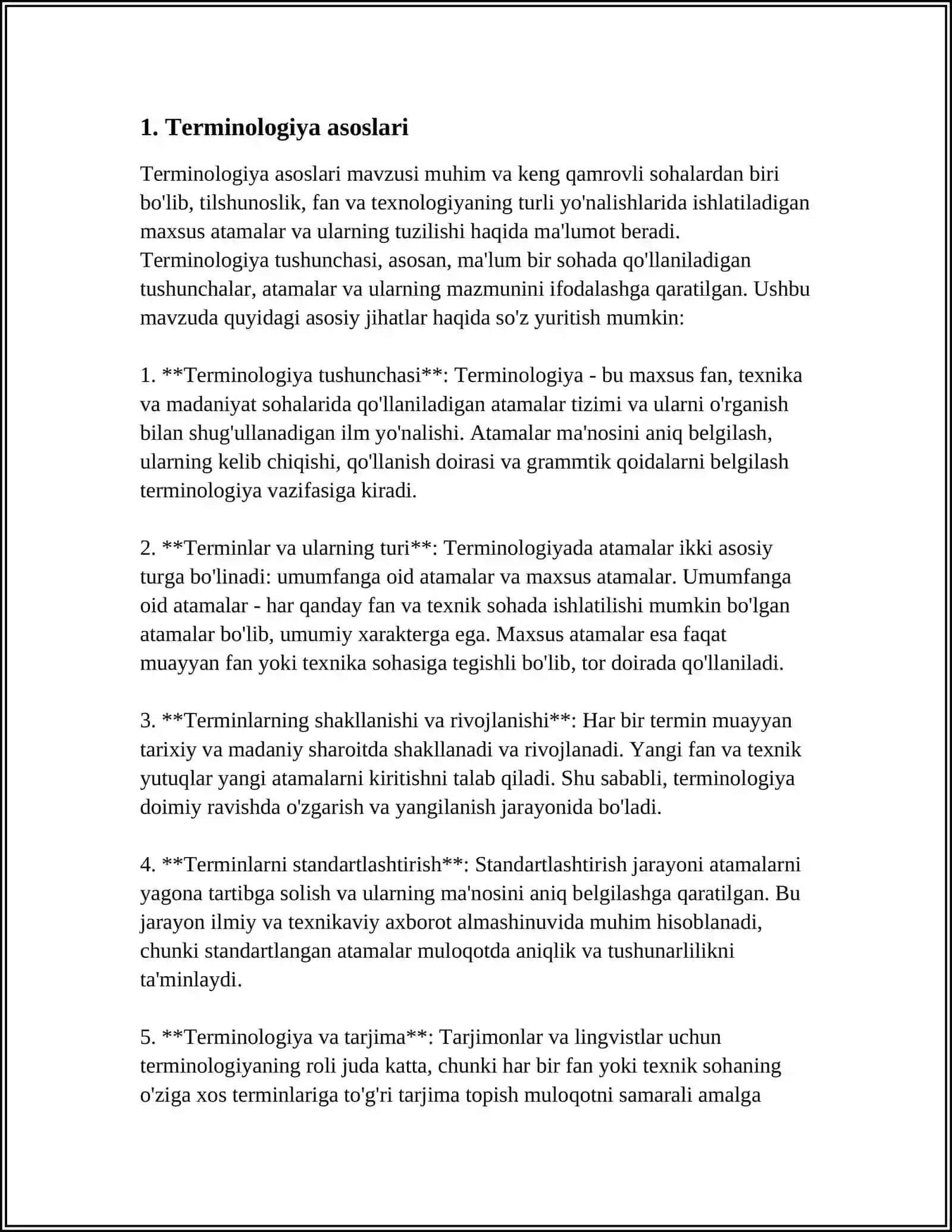 Mavzu: TERMINOLOGIYA TA'RIFLAR TASHIFLAR BILAN BOG'LIQ KIRISH KURS TAVSIFI MAQSADLARI MAZMUNI VA BIBLOGRAFIYANI BEZATISH 4