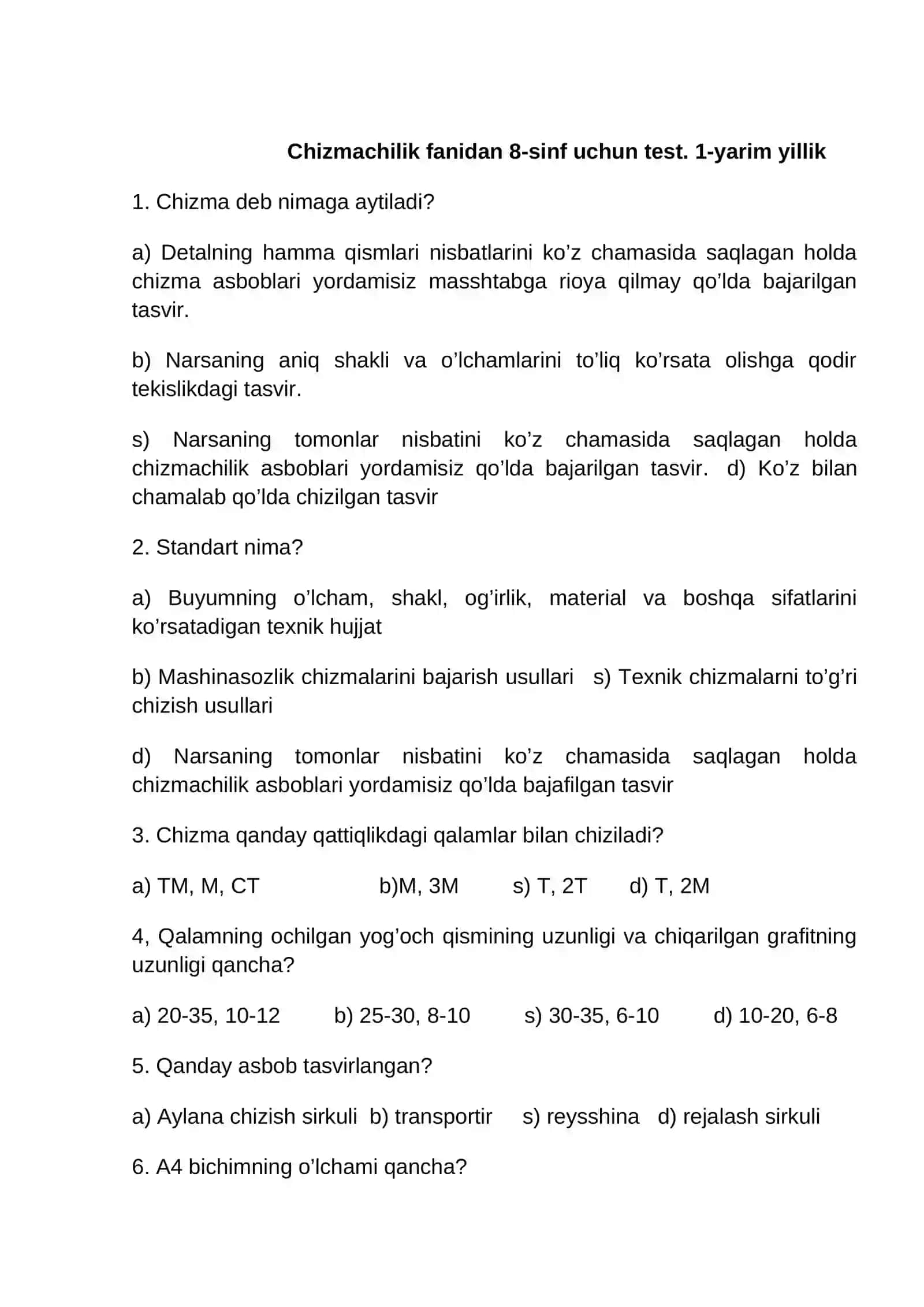8-sinf chizmachilik fanidan test 4