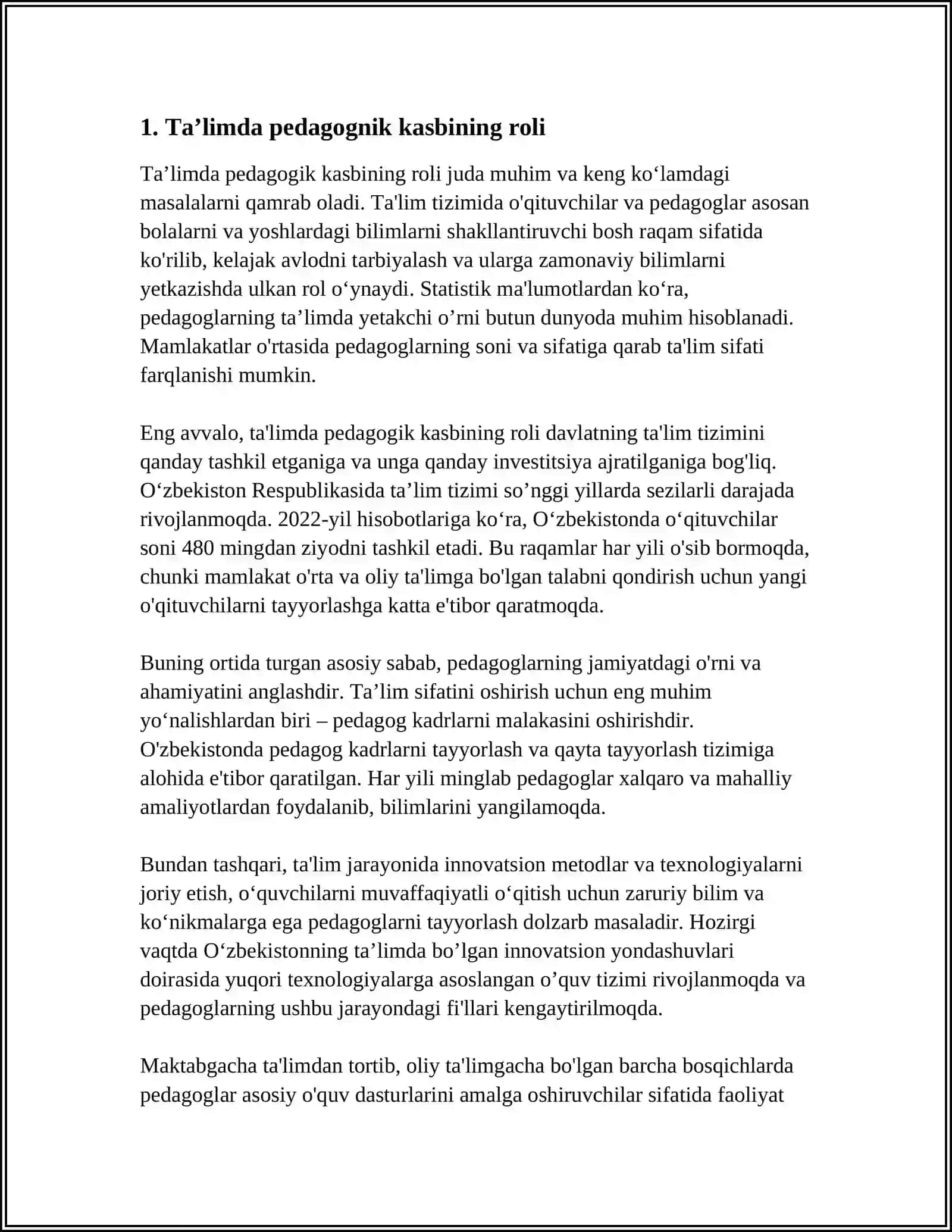 PEDAGOGLIK KASBINING JAMIYAT TARAQQIYOTIDA TUTGAN O'RNI 4