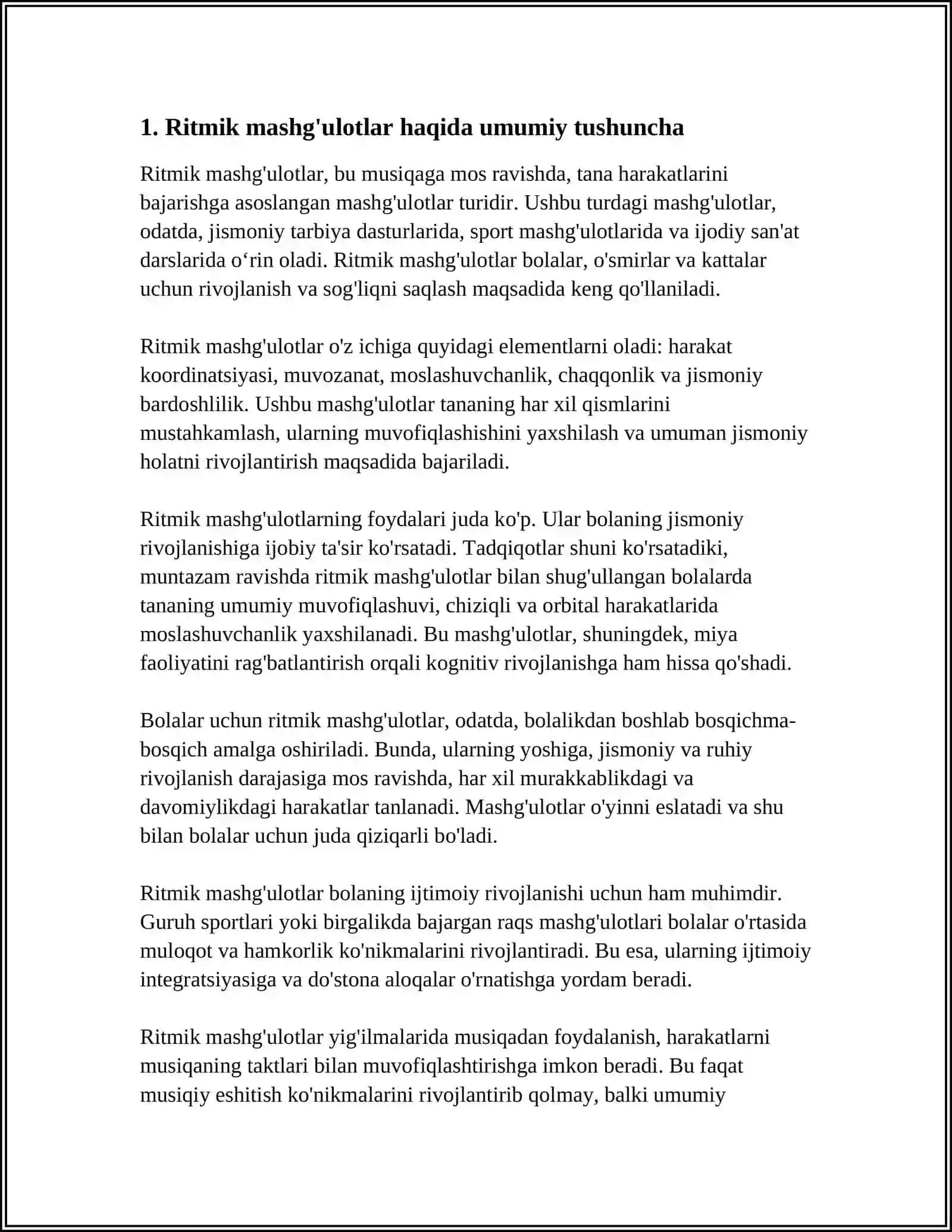 RITMIK MASHG‘ULOTLAR, ULARNING BAJARILISHINI IFODALASH, MUSIQIY ASBOBLARDA O‘YNASH 4