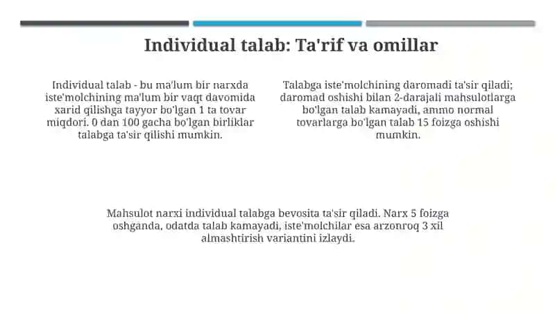 BIROR MAHSULOT BOʻYICHA INDIVIDUAL VA BOZOR TALABINING TAHLILI 4
