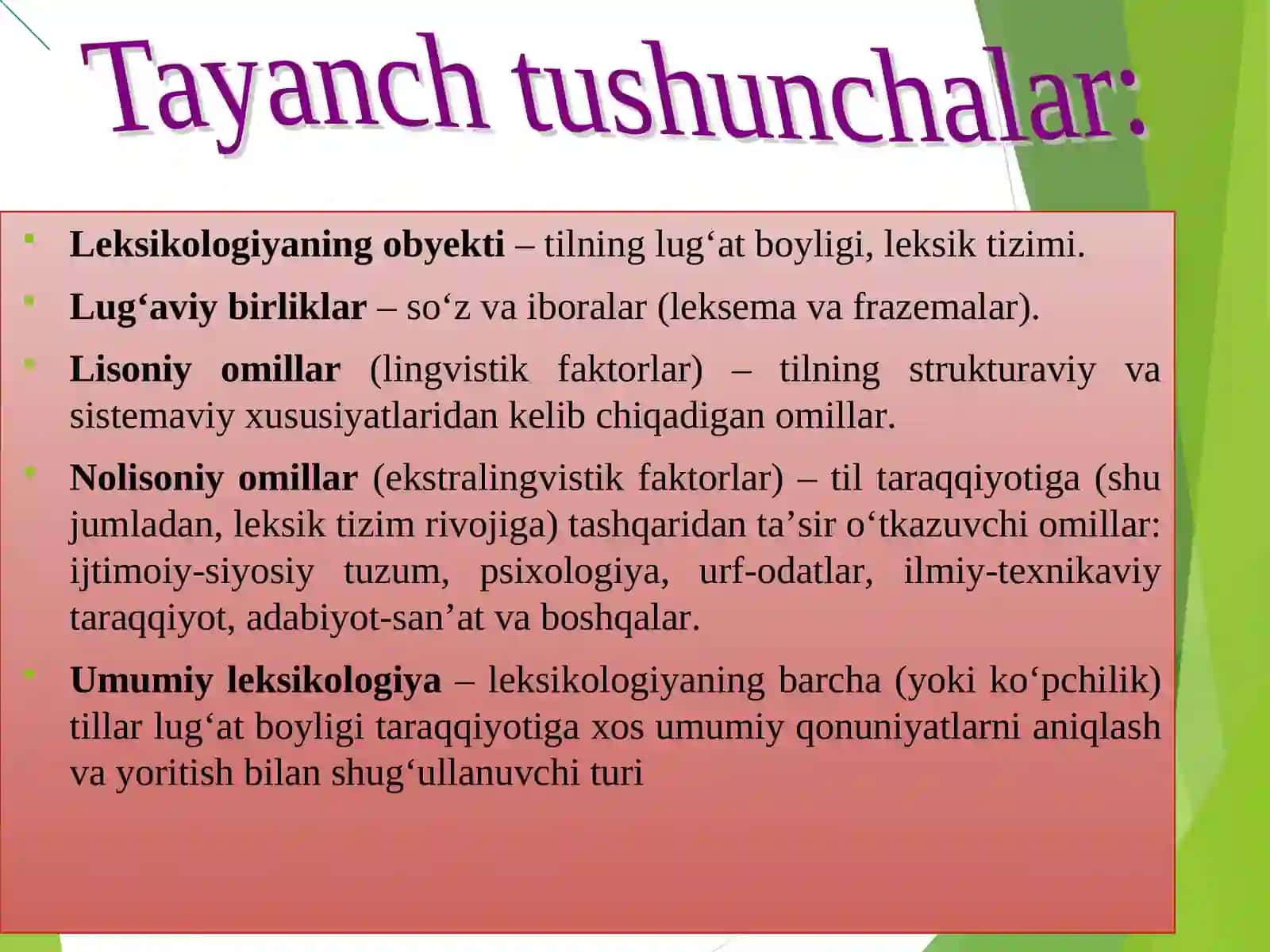Hozirgi o‘zbek adabiy tilining leksik sathi va leksikologiyasi 4